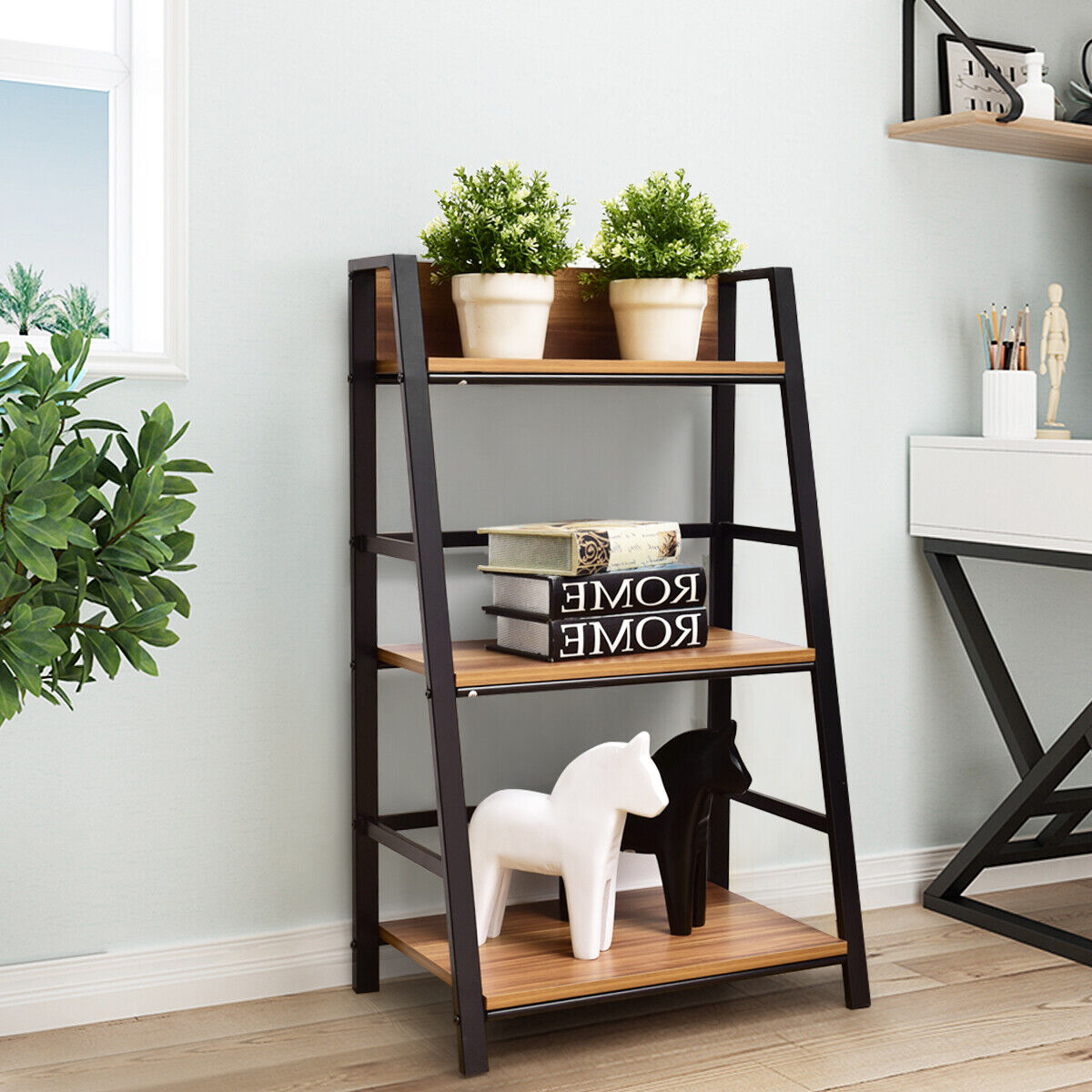 3 Tier Ladder Storage Book Shelf Wall Bookcase Bundle Modern Floor Decor