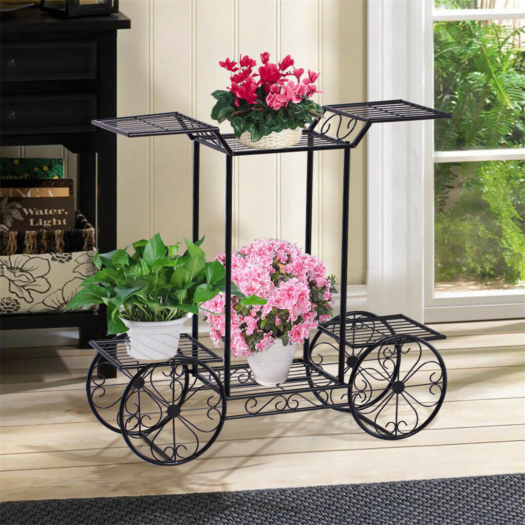 Outdoor Indoor Pot Plant Stand Garden Decor Flower Rack Wrought Iron 4 Wheeler