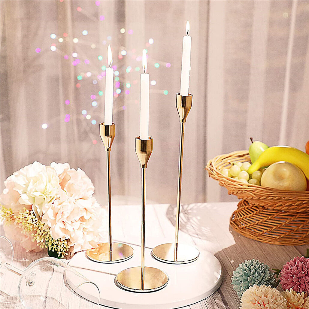 Set of 3 Elegant Gold Candle Holder Candlestick Stand Wedding Table Centrepiece