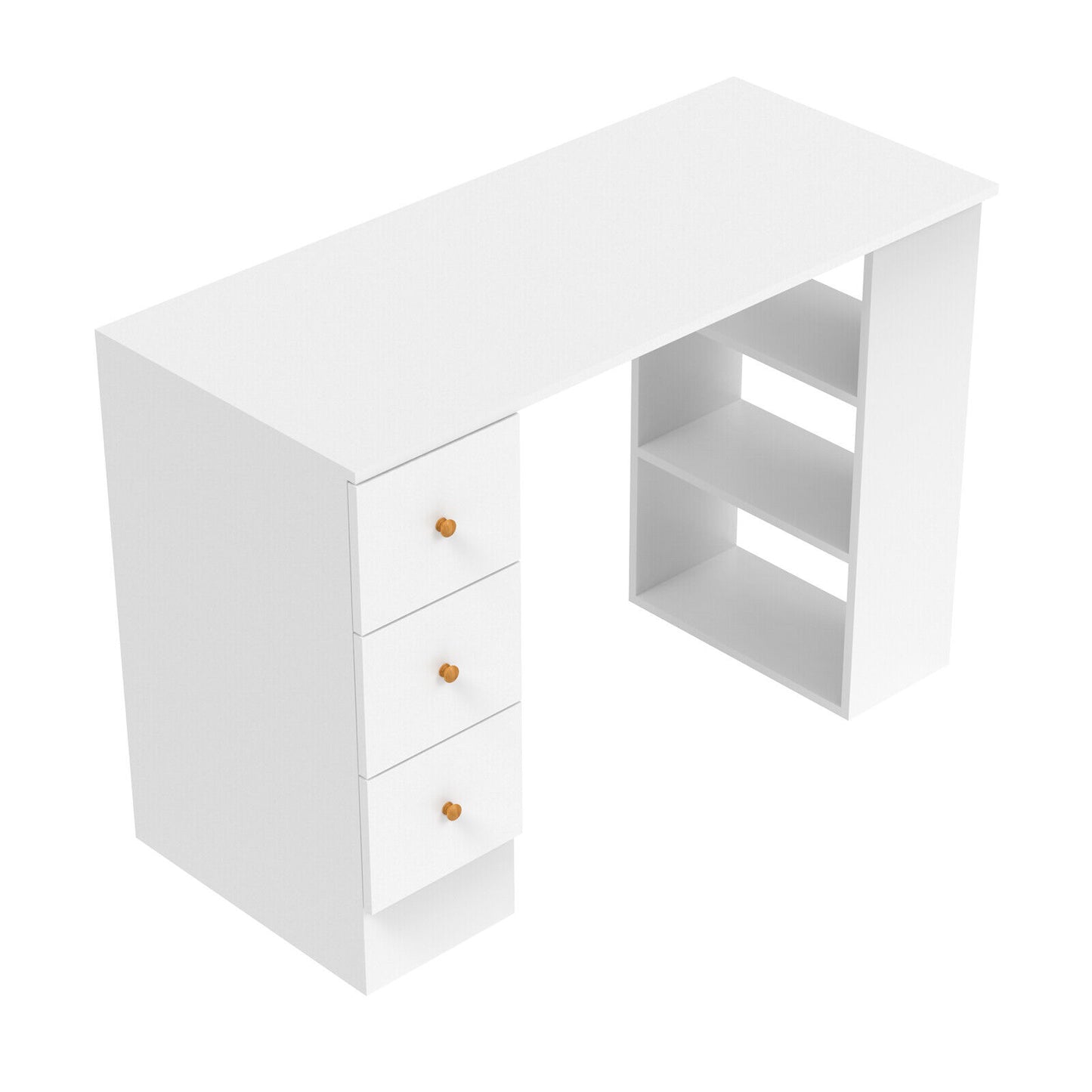 White computer desk with 3 drawers and shelves