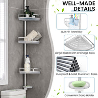 Telescopic Bathroom Shower Corner Shelf 4-Tier Aluminum Pole Caddy Rack