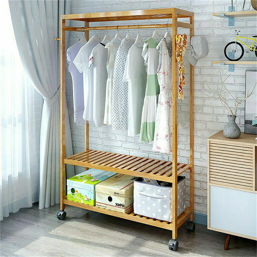 3 Tier Clothes Rack Heavy Duty Wood Garment Shelves Rolling Wheels Side Hooks AU