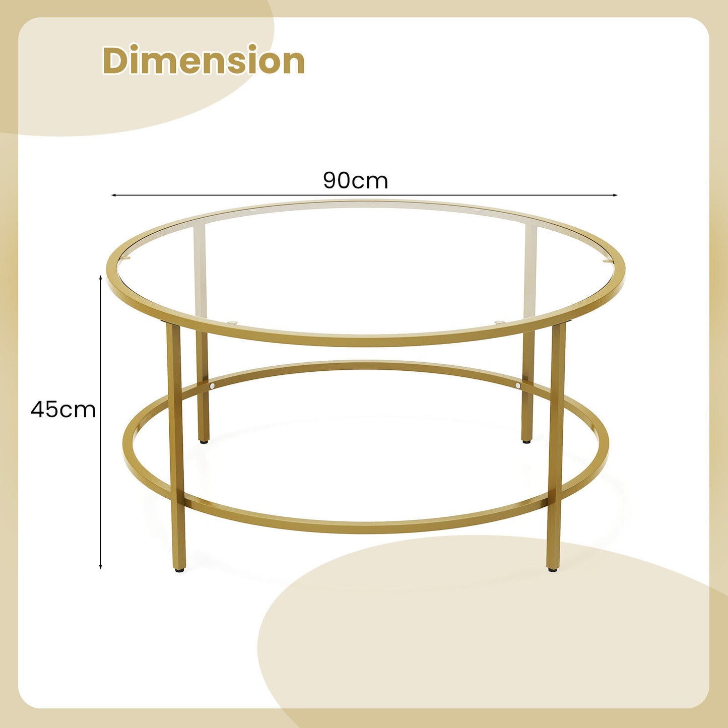 90cm Accent Round Coffee Table Center Table with Tempered Glass Tabletop Golden