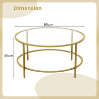 90cm Accent Round Coffee Table Center Table with Tempered Glass Tabletop Golden