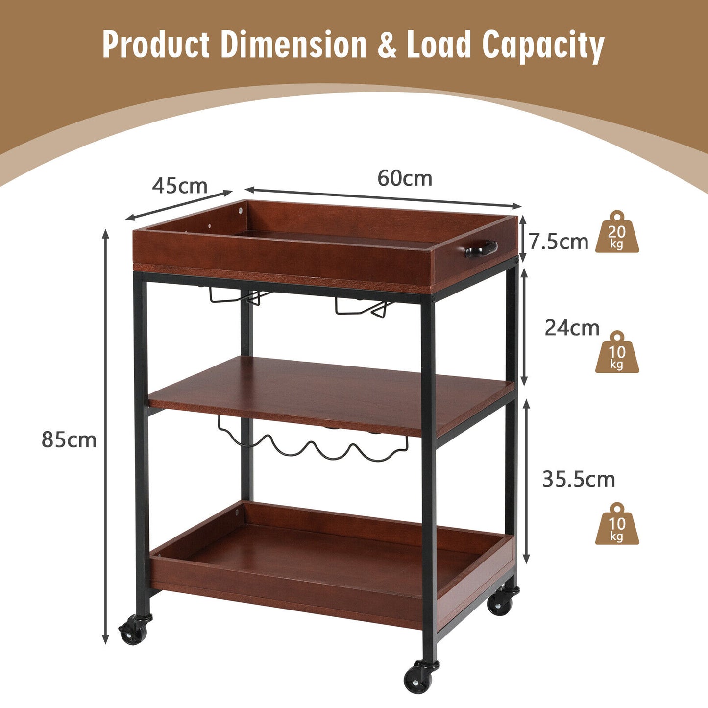 Kitchen Serving Cart Utility Trolley Cart 3-Tier Shelf w/ Glass Holder