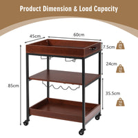 Kitchen Serving Cart Utility Trolley Cart 3-Tier Shelf w/ Glass Holder