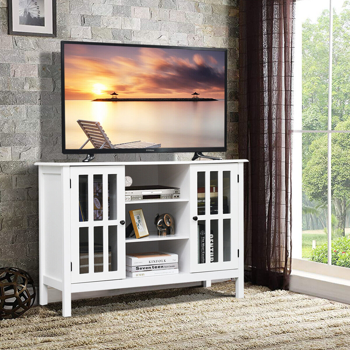 Wood TV Stand Entertainment Media Center Console for TV up to 50" White