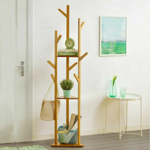 Fine Store - Wooden Clothes, Hat and Coat Rack 3 Layer Shelf and 9 Hooks