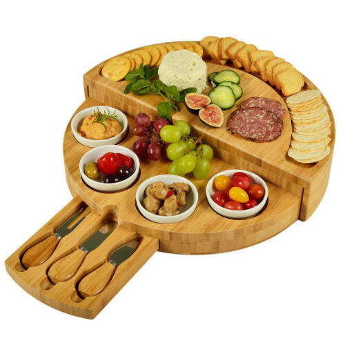 Round wooden chopping board and cutlery set