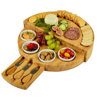 Round wooden chopping board and cutlery set