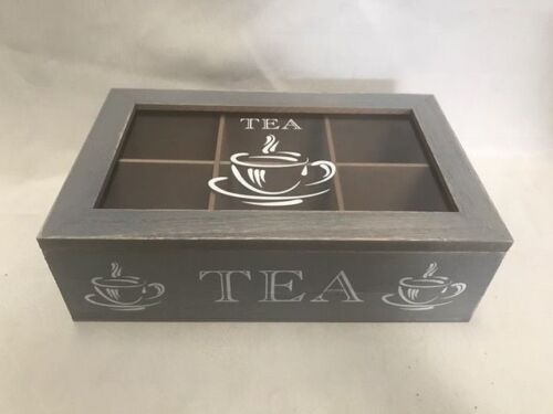 Grey Wooden 6 Compartment Tea Storage Box