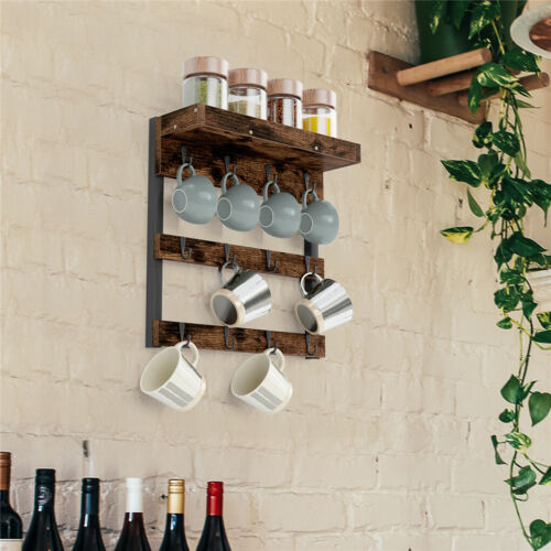 Brown Wall Mounted 12 Cups Holder with Top Shelf