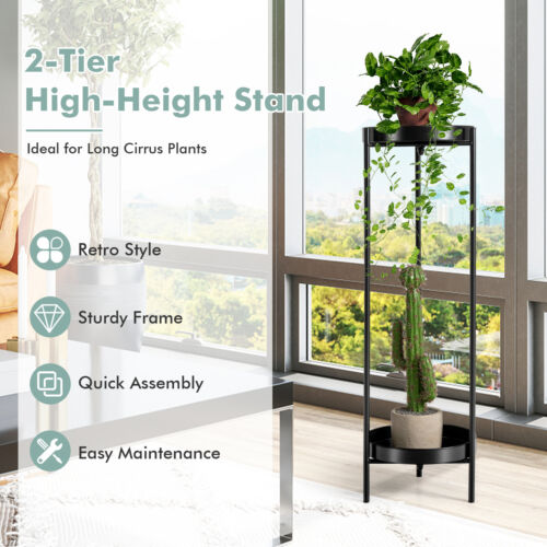 2-Tier Metal Flower Pots Rack and plant stand- black