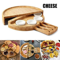 Round wooden chopping board and cutlery set