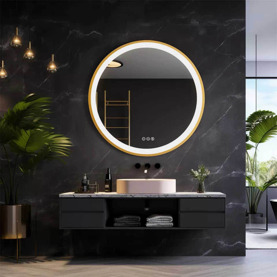 Gold Round LED Anti-Fog Bathroom Mirror