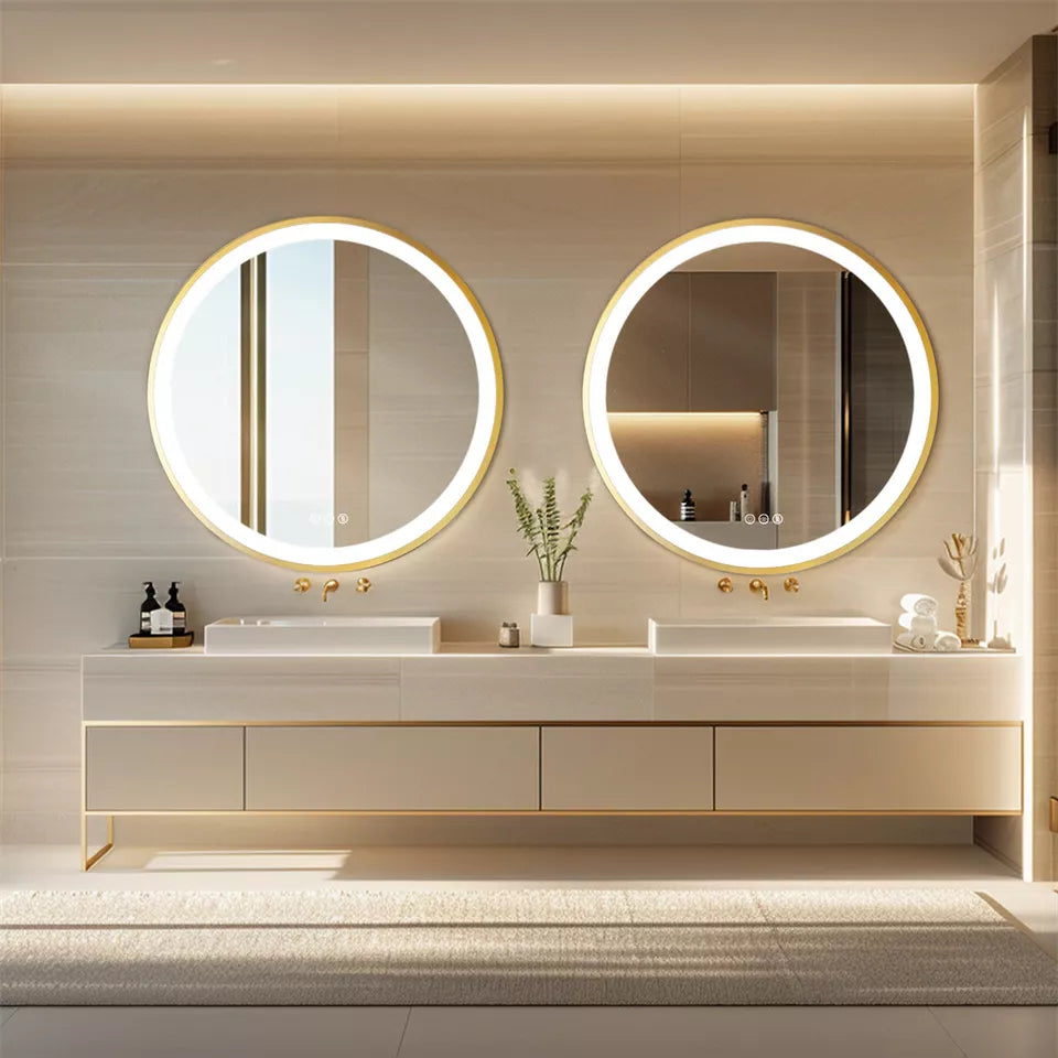 Gold Round LED Anti-Fog Bathroom Mirror