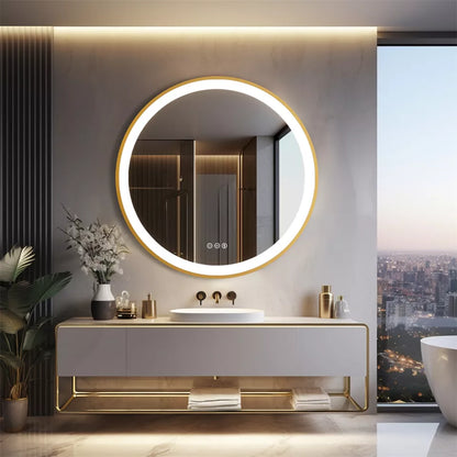 Gold Round LED Anti-Fog Bathroom Mirror