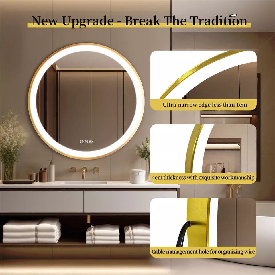 Gold Round LED Anti-Fog Bathroom Mirror