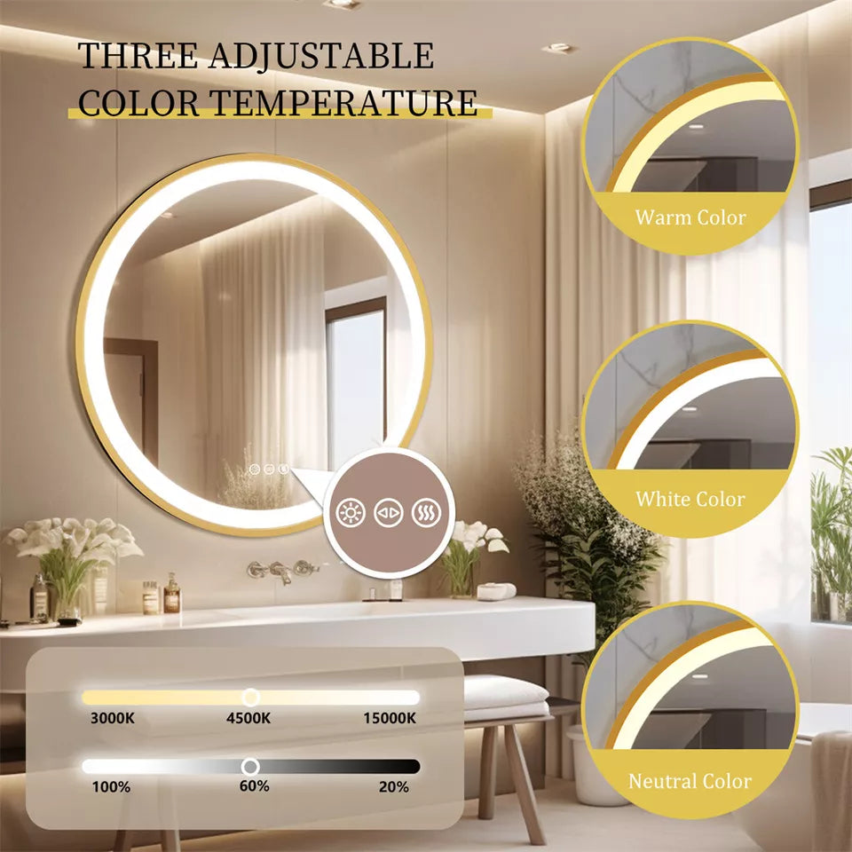 Gold Round LED Anti-Fog Bathroom Mirror