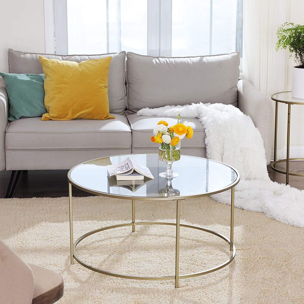 Round Glass Top Coffee Table with Metal Frame