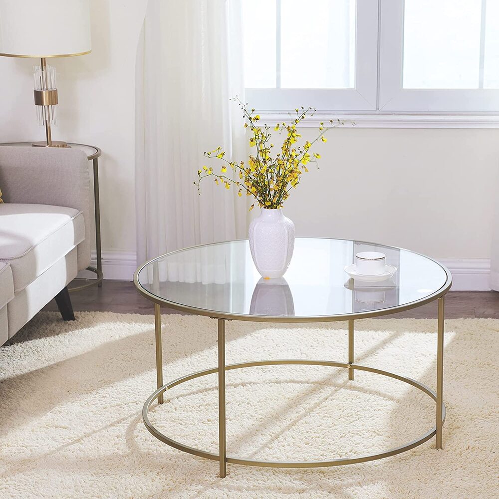 Round Glass Top Coffee Table with Metal Frame