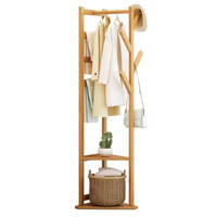 Wooden Clothes, Hat and Coat Rack 3 Layer Shelf and 9 Hooks