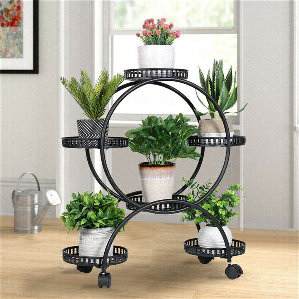 6 Pots Metal Flower Plant Stand Rolling Bonsai Holder W 4 Wheels Balcony Garden
