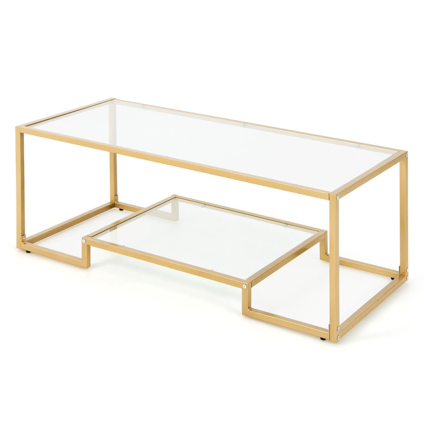 Coffee Table Rectangular Tempered Glass Accent Table Golden Frame Living Room