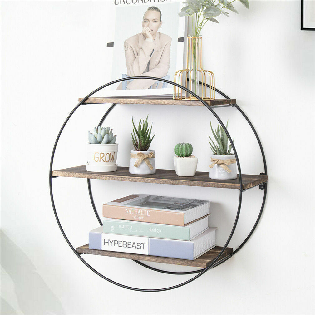 3 Layer Floating Wall Wooden Shelves Iron Frame