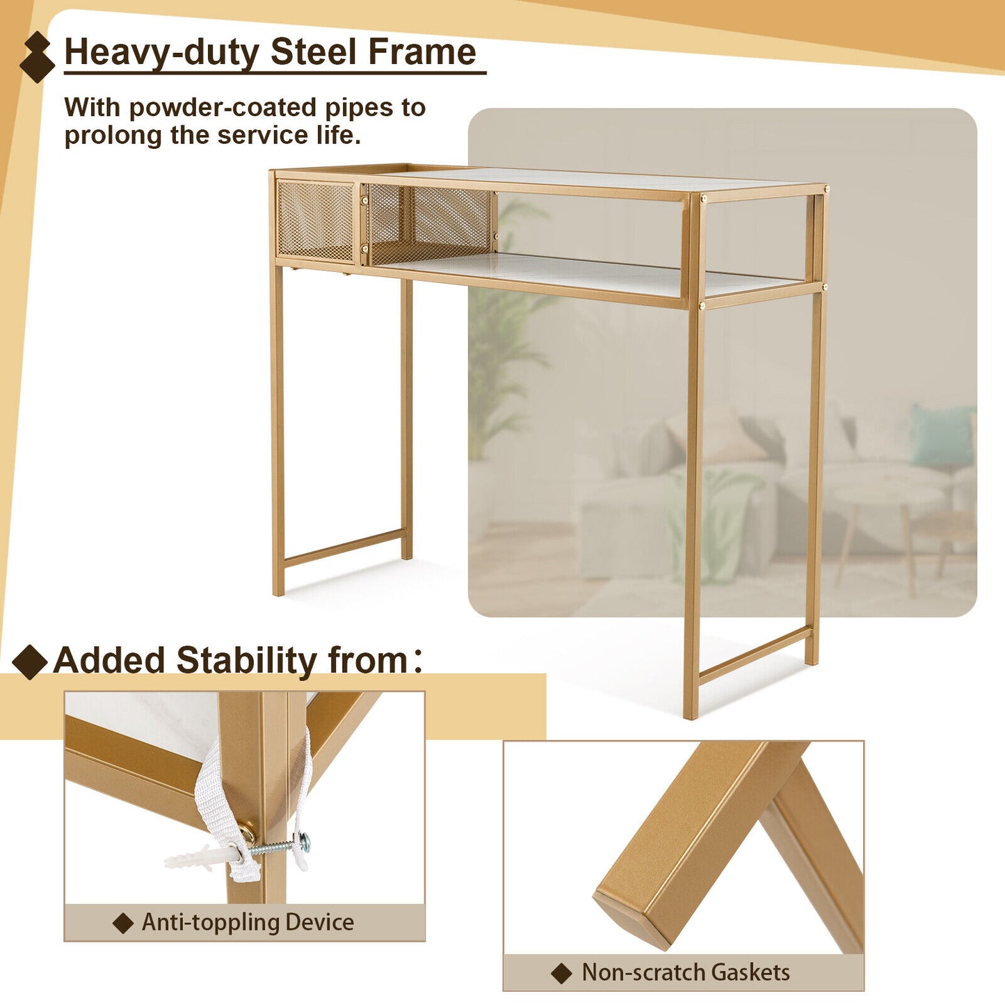 Console Table 2-Tier Sofa Side Table Shelf Golden Steel Frame Hallway