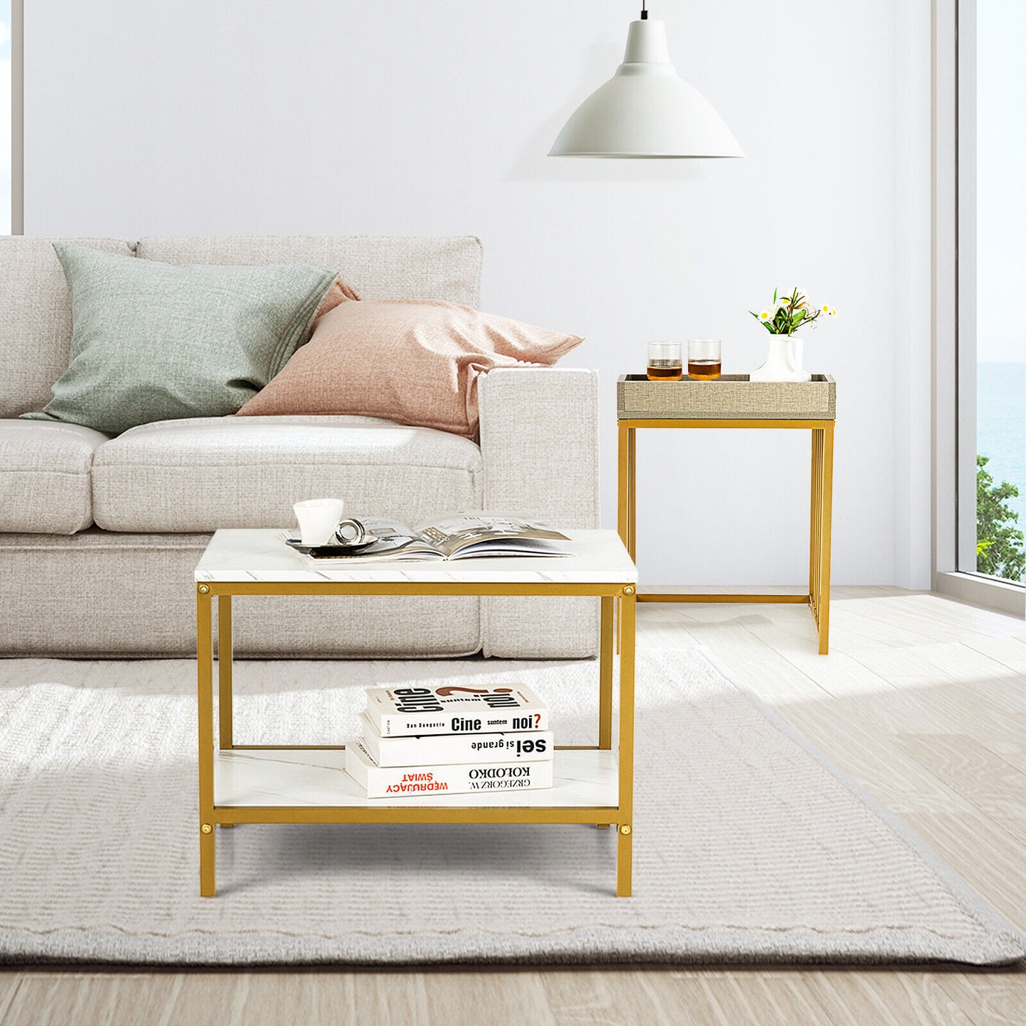 Nesting Coffee Tables 2Pcs Side End Table Faux Marble Top Golden Steel Frame