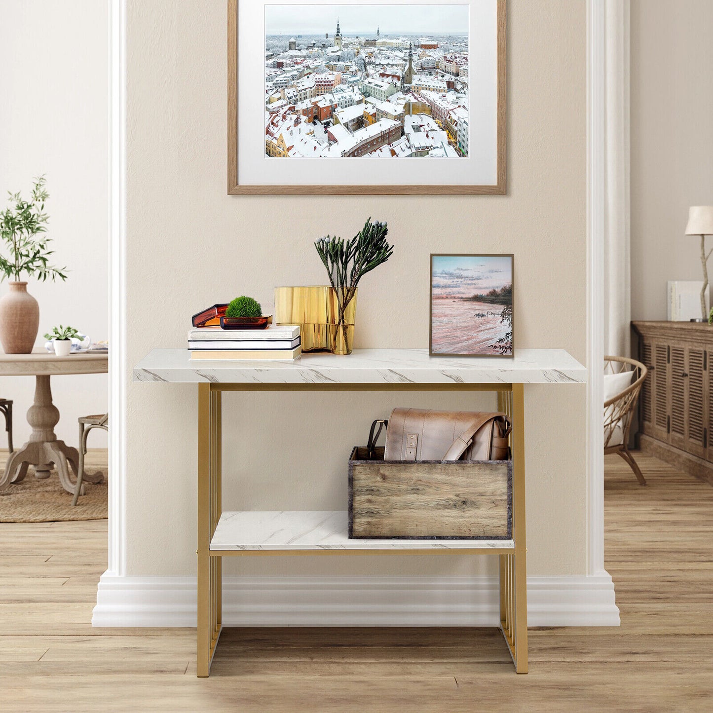 Console Table 2-Tier Beside Sofa Table w/ Faux Marble Tabletop Hallway