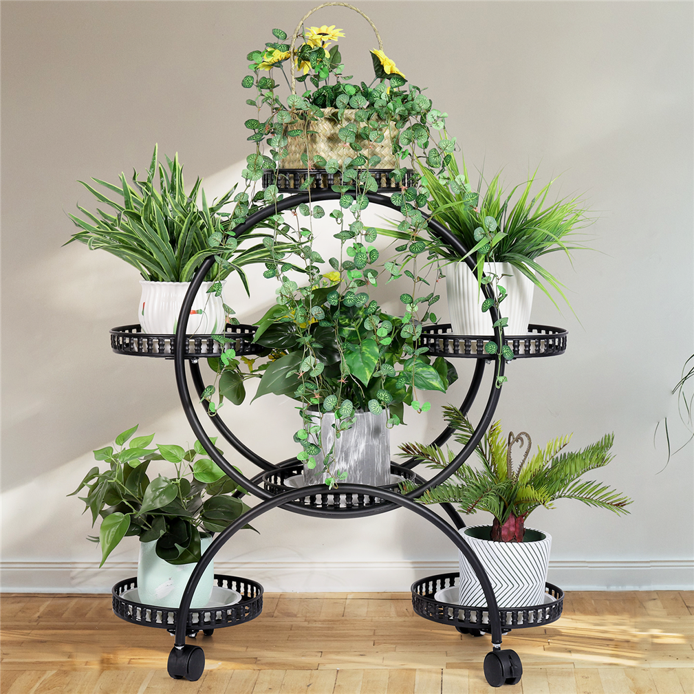 Fine Store - Black Flower Holder Plant Stand Shelf 4-Wheel Free Moving Rack 4 Layer for 6 Pots