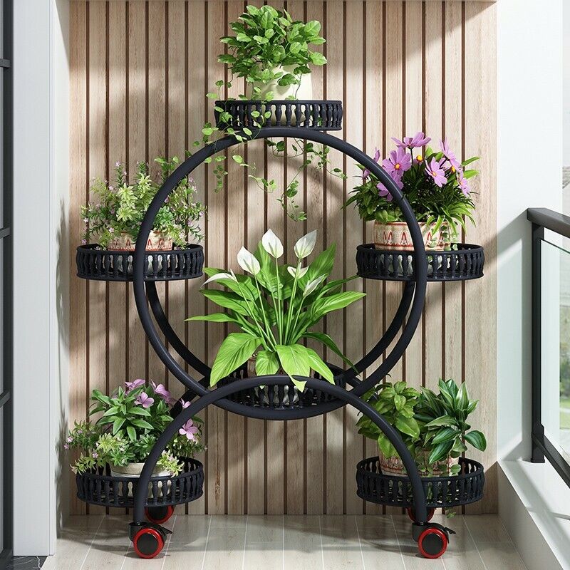 Fine Store - Black Flower Holder Plant Stand Shelf 4-Wheel Free Moving Rack 4 Layer for 6 Pots