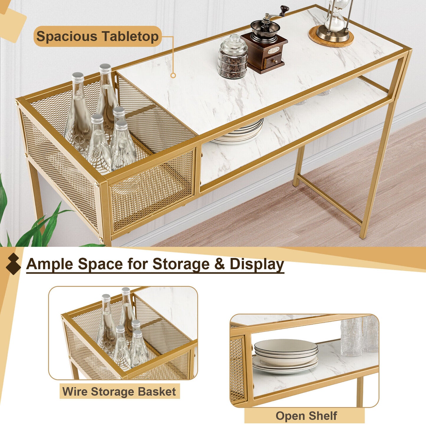 Console Table 2-Tier Sofa Side Table Shelf Golden Steel Frame Hallway
