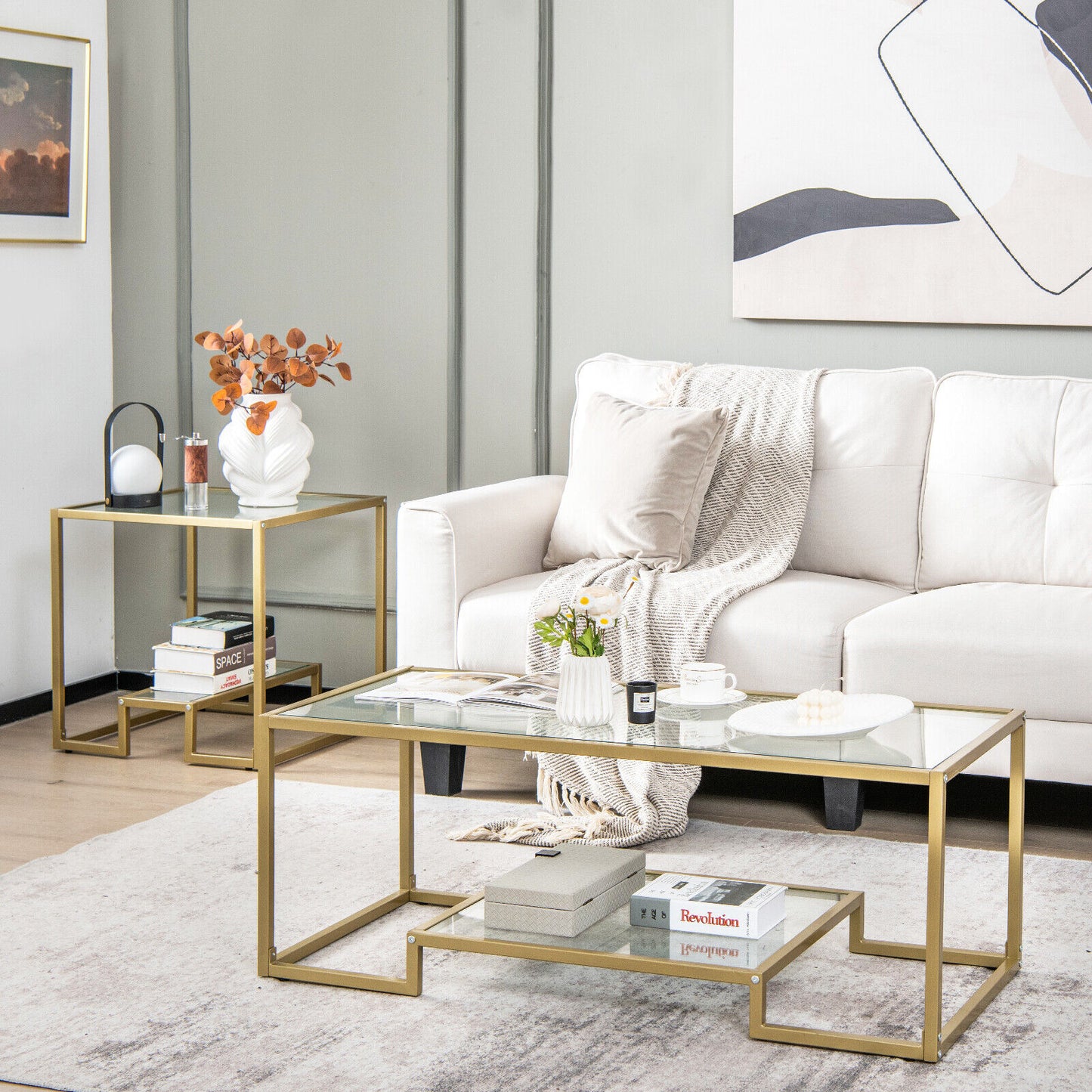 Coffee Table Rectangular Tempered Glass Accent Table Golden Frame Living Room