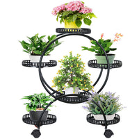 Fine Store - Black Flower Holder Plant Stand Shelf 4-Wheel Free Moving Rack 4 Layer for 6 Pots